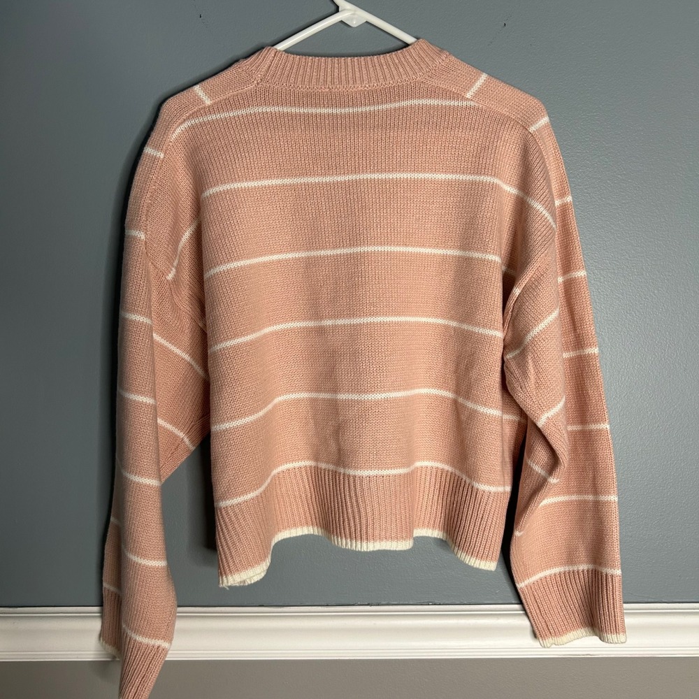 INDUSTRY Pink White Stripe oversized knit Sweater Casual Cropped Pullover Women - Picture 5 of 7